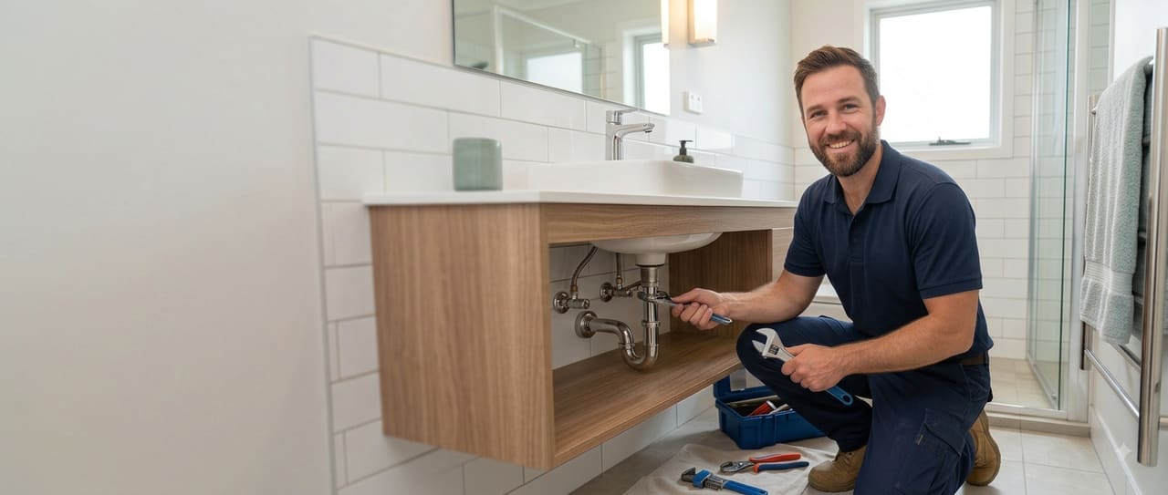 San Diego Excellence Plumbing technician tightening the drain trap under a bathroom sink